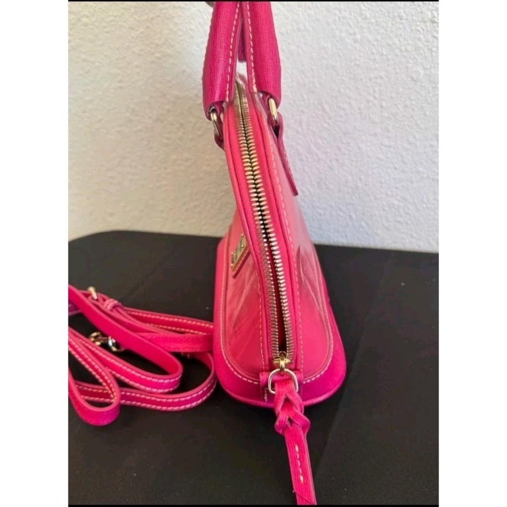 Dooney & Bourke Domed Satchel Hot Pink Patent Leather Natural Trim Zip Closure - Picture 11 of 16